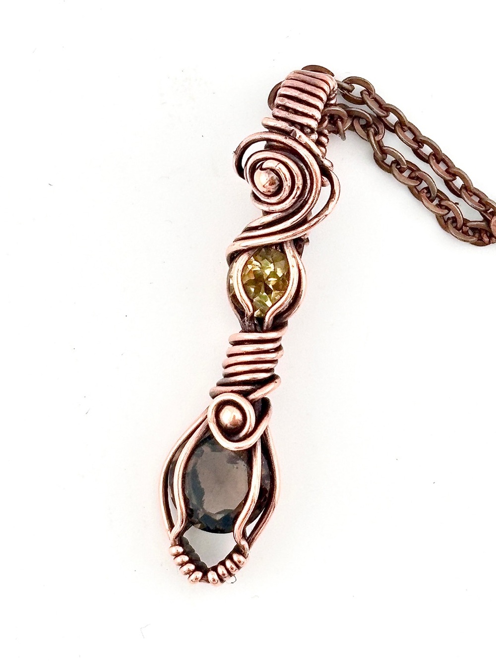 HANDMADE Smoky Quartz and Citrine Copper Wire Wrapped Dainty Pendant Necklace